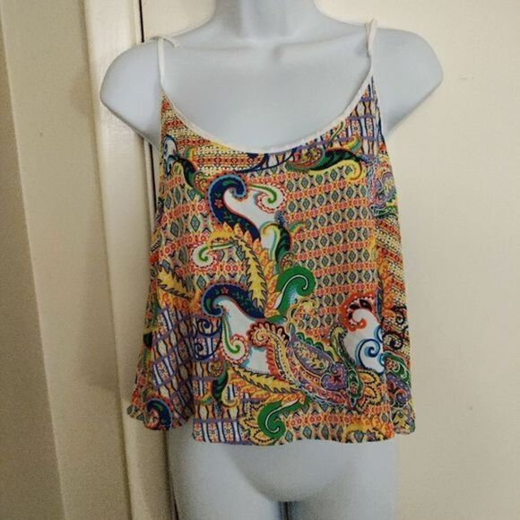 LOVE TREE Bright & Colorful Paisley Print Cropped Spaghetti Top. Sz.L - Picture 1 of 3